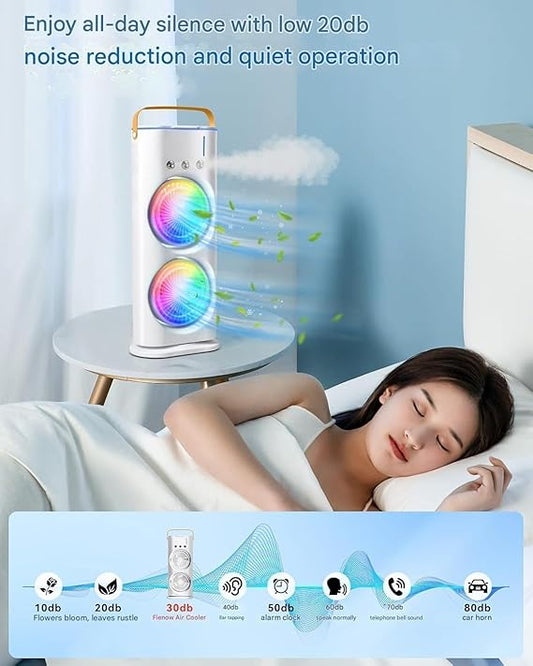 Rechargeable Dual Spray Mist Fan with Auto Rotation & LED Light – Portable USB Cooling Fan for Home, Office & Bedroom