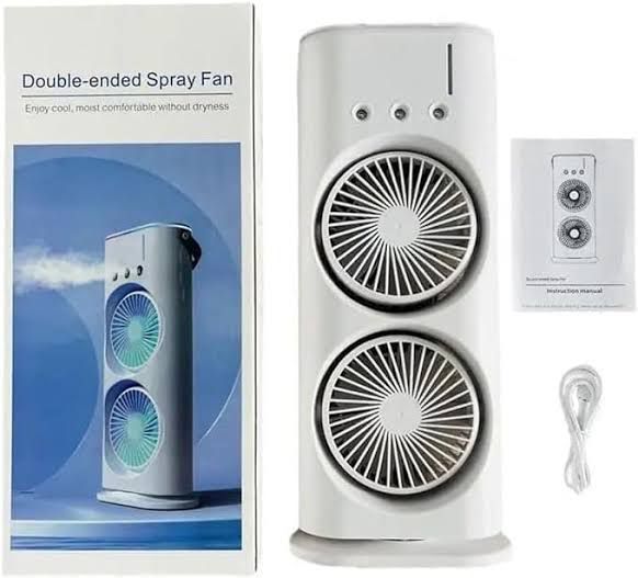 Rechargeable Dual Spray Mist Fan with Auto Rotation & LED Light – Portable USB Cooling Fan for Home, Office & Bedroom