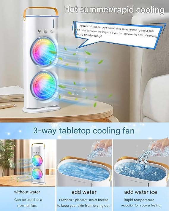 Rechargeable Dual Spray Mist Fan with Auto Rotation & LED Light – Portable USB Cooling Fan for Home, Office & Bedroom