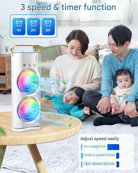Rechargeable Dual Spray Mist Fan with Auto Rotation & LED Light – Portable USB Cooling Fan for Home, Office & Bedroom