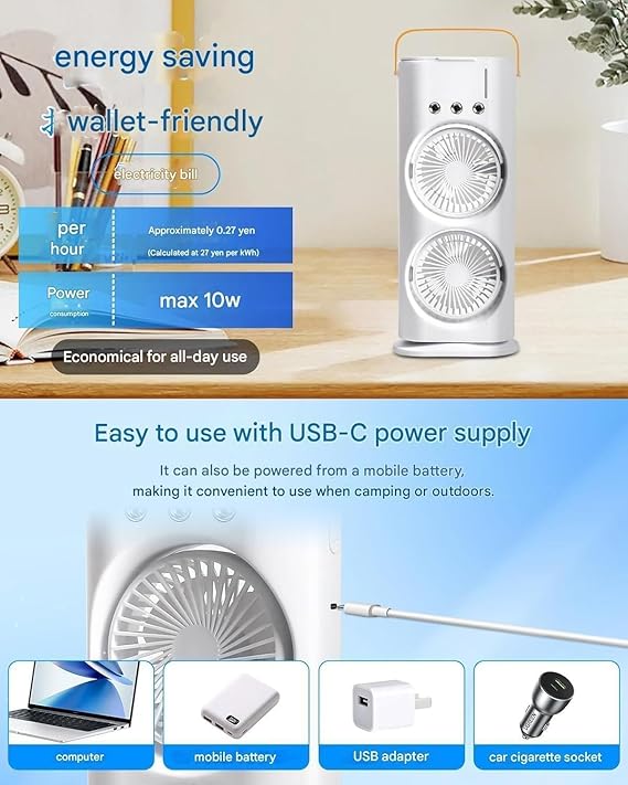 Rechargeable Dual Spray Mist Fan with Auto Rotation & LED Light – Portable USB Cooling Fan for Home, Office & Bedroom
