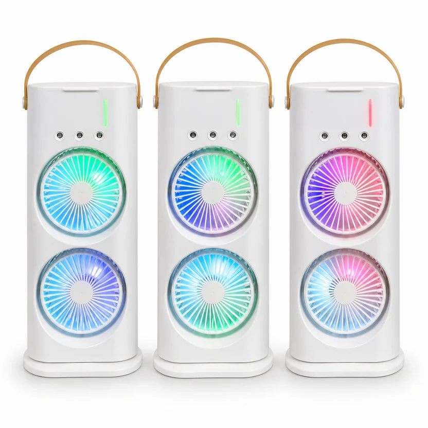 Rechargeable Dual Spray Mist Fan with Auto Rotation & LED Light – Portable USB Cooling Fan for Home, Office & Bedroom