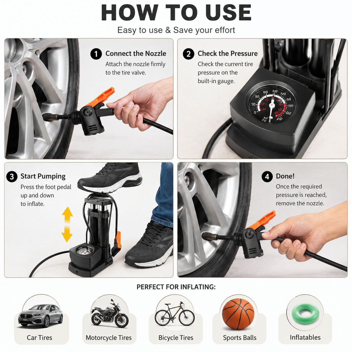 Double Cylinder Foot Pump with Pressure Gauge – Heavy-Duty High-Pressure Tyre Inflator for Car, Bike & Motorcycle