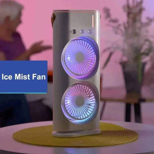 Rechargeable Dual Spray Mist Fan with Auto Rotation & LED Light – Portable USB Cooling Fan for Home, Office & Bedroom