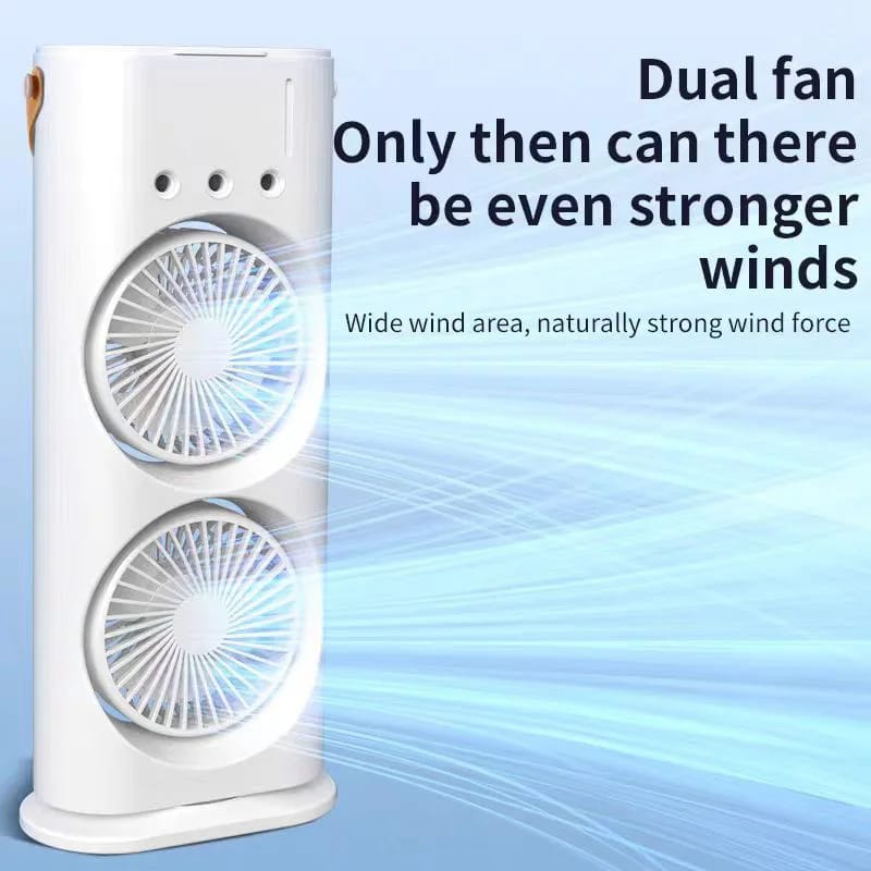 Rechargeable Dual Spray Mist Fan with Auto Rotation & LED Light – Portable USB Cooling Fan for Home, Office & Bedroom