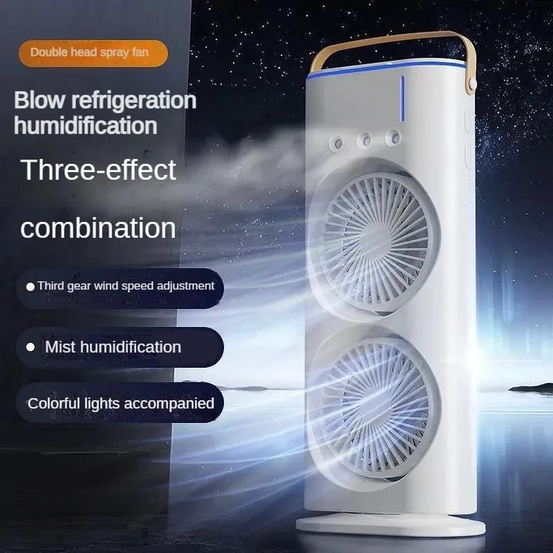 Rechargeable Dual Spray Mist Fan with Auto Rotation & LED Light – Portable USB Cooling Fan for Home, Office & Bedroom