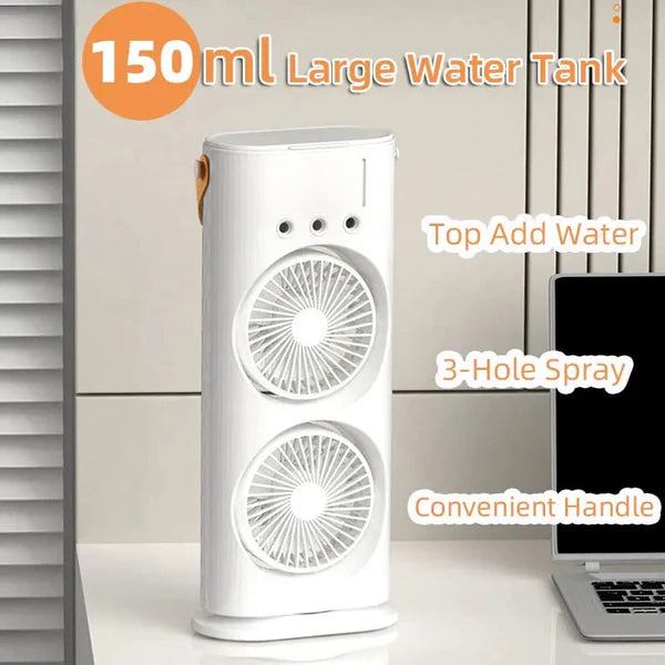 Rechargeable Dual Spray Mist Fan with Auto Rotation & LED Light – Portable USB Cooling Fan for Home, Office & Bedroom