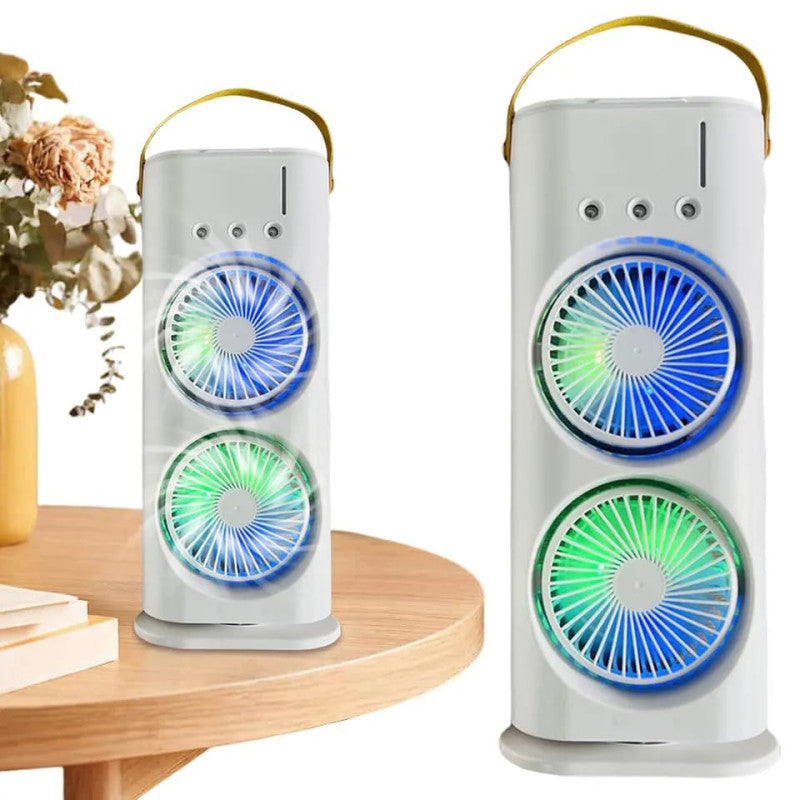 Rechargeable Dual Spray Mist Fan with Auto Rotation & LED Light – Portable USB Cooling Fan for Home, Office & Bedroom