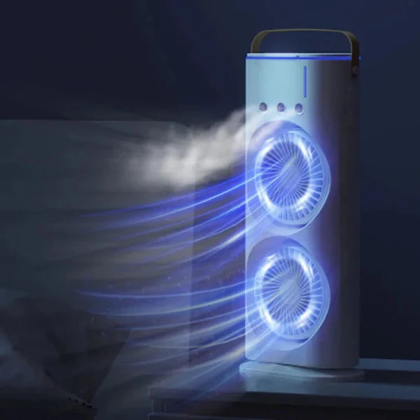 Rechargeable Dual Spray Mist Fan with Auto Rotation & LED Light – Portable USB Cooling Fan for Home, Office & Bedroom