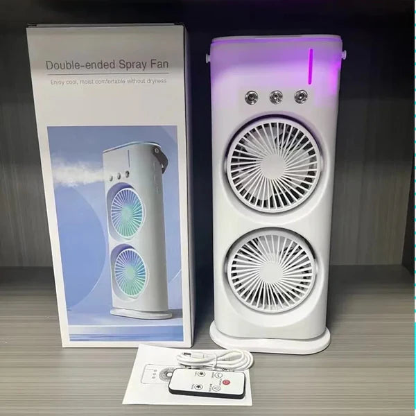 Rechargeable Dual Spray Mist Fan with Auto Rotation & LED Light – Portable USB Cooling Fan for Home, Office & Bedroom