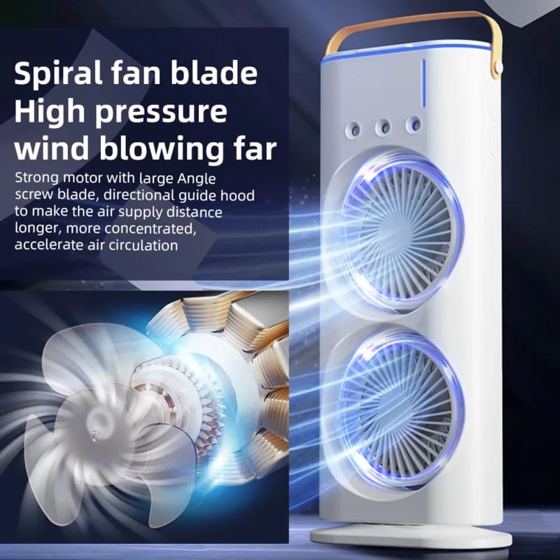 Rechargeable Dual Spray Mist Fan with Auto Rotation & LED Light – Portable USB Cooling Fan for Home, Office & Bedroom