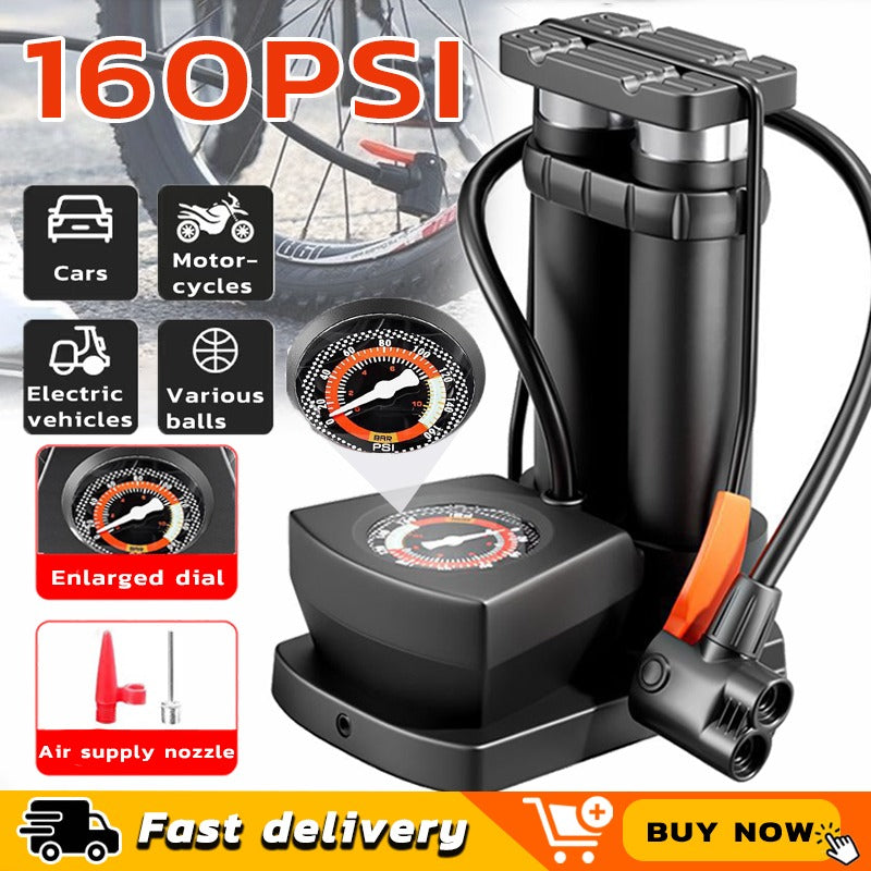 Double Cylinder Foot Pump with Pressure Gauge – Heavy-Duty High-Pressure Tyre Inflator for Car, Bike & Motorcycle