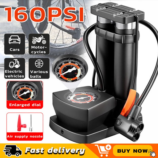 Double Cylinder Foot Pump with Pressure Gauge – Heavy-Duty High-Pressure Tyre Inflator for Car, Bike & Motorcycle