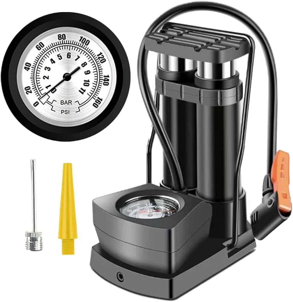 Double Cylinder Foot Pump with Pressure Gauge – Heavy-Duty High-Pressure Tyre Inflator for Car, Bike & Motorcycle