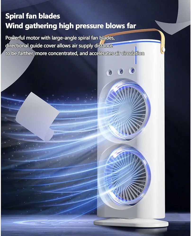 Rechargeable Dual Spray Mist Fan with Auto Rotation & LED Light – Portable USB Cooling Fan for Home, Office & Bedroom